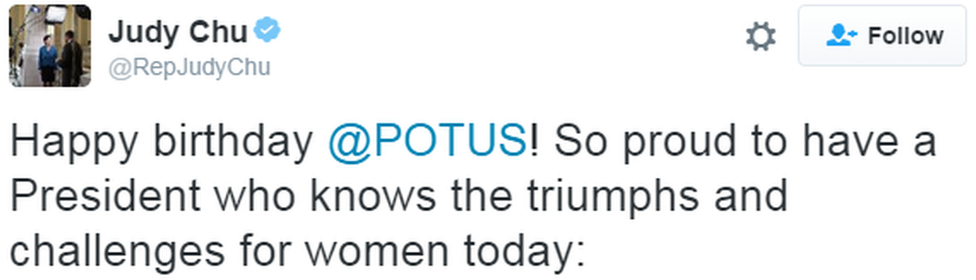 A tweet reads: "Happy birthday @POTUS! So proud to have a President who knows the triumphs and challenges for women today:"