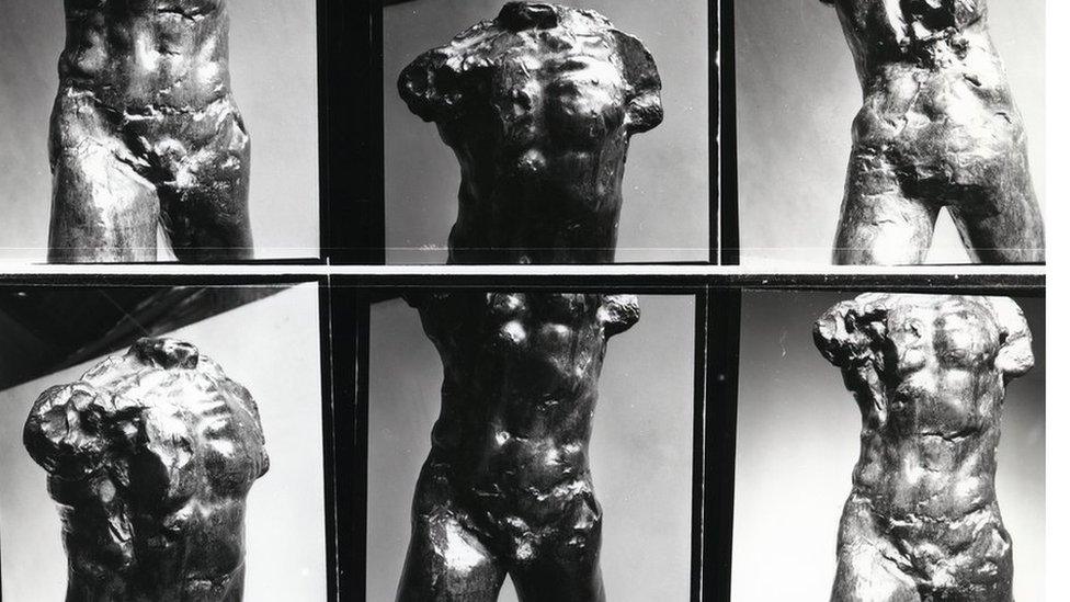 A contact sheet of photographs of a sculptor of a torso