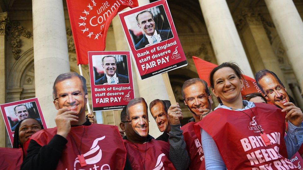 Workers protest outside of the Bank of England in London, Britain, 01 August 2017. Maintenance and security employees at the Bank of England have begun a three-day strike in a dispute over pay