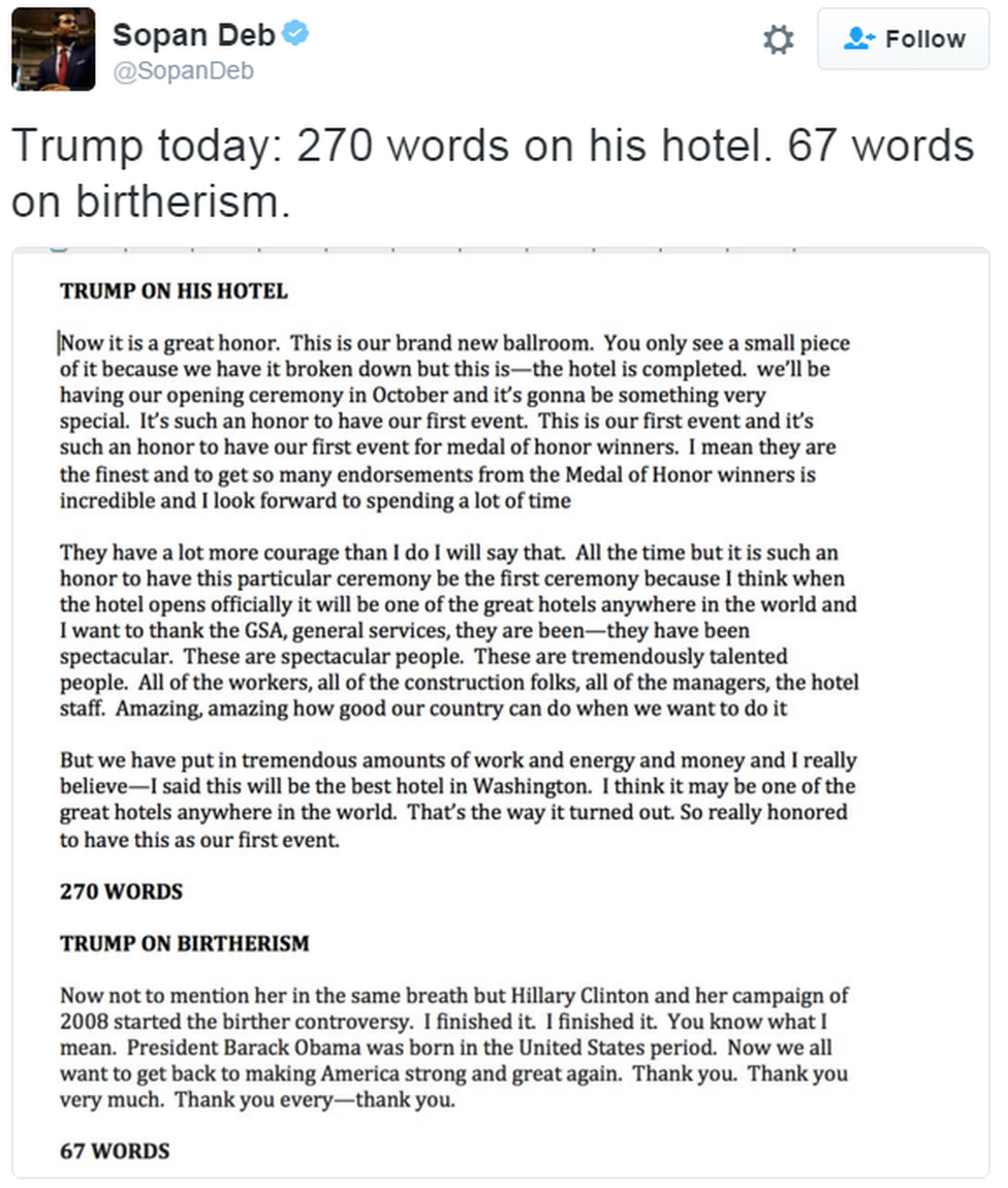 A tweet reads: "Trump today: 270 words on his hotel. 67 words on birtherism."