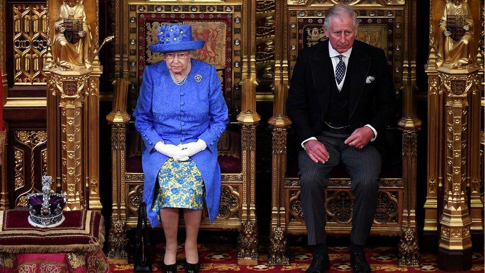 State Opening of Parliament 2017: Queen Elizabeth II and the Prince of Wales in the House of Lords for the State Opening of Parliament by Queen Elizabeth II, in the House of Lords at the Palace of Westminster in London