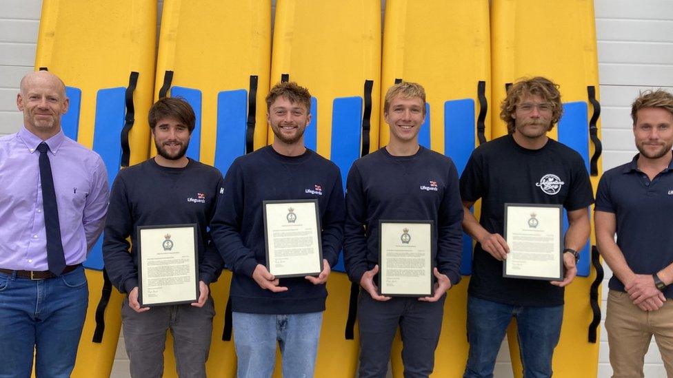 RNLI's James Millidge with Cornwall lifeguards Beau Gillett, Ed Sampson, Tristan Gillett, Andy Wrennell and Charlie Gillett.