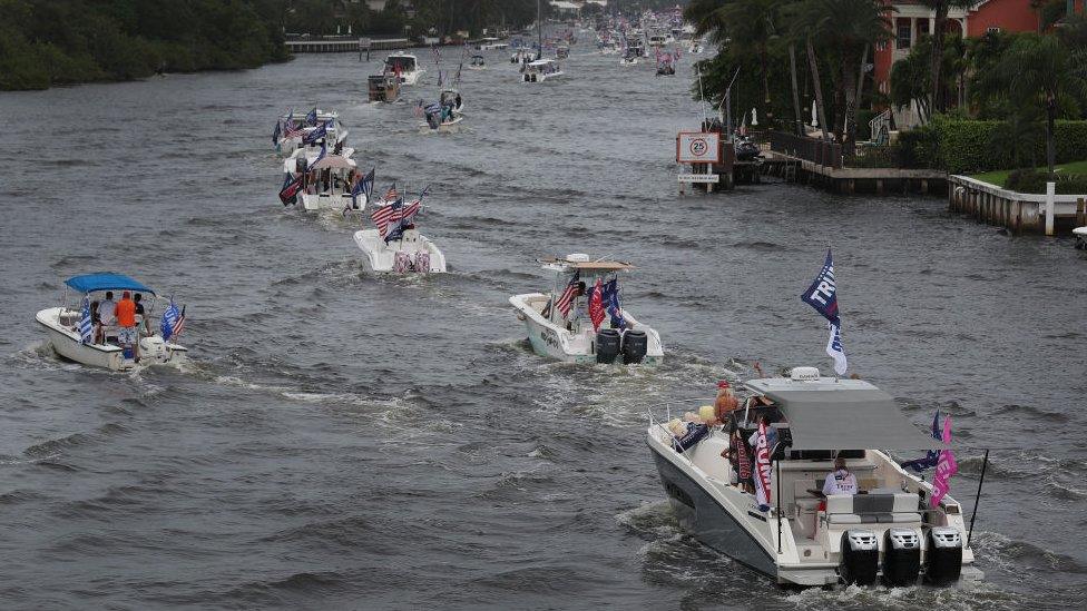 Boaters show their support for President Donald Trump during a parade down the Intracoastal Waterway on October 3, 2020 in Fort Lauderdale, Florida.