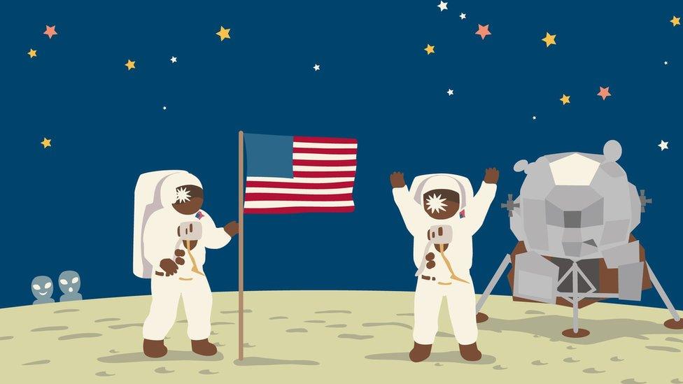 an illustration of two astronauts standing on the moon celebrate next to the flag of the united states with two little aliens watching them in the background