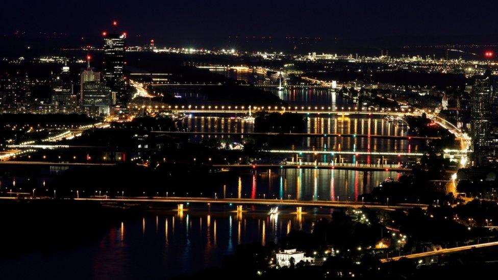 Night view of the Danube river in Vienna