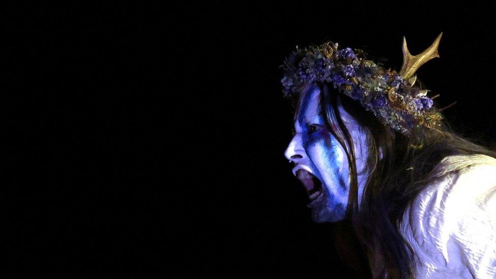 A member of the Beltane Fire Society takes part in the Samhuinn Fire Festival in Edinburgh