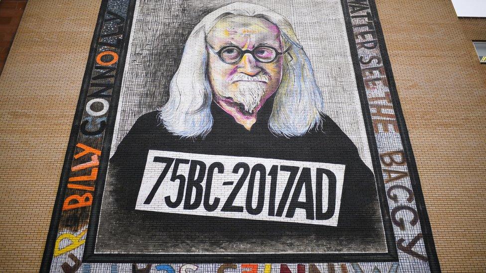 A mural of Billy Connolly displayed on a gable wall in Glasgow