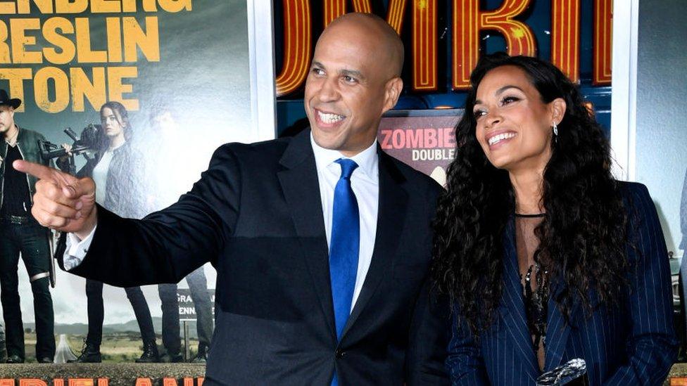 Cory Booker and Rosario Dawson at the premiere of the Zombieland 2 movie