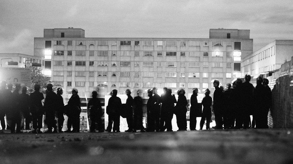 Aftermath of the riots which broke out in the Broadwater Farm estate in Tottenham, North London. The riot started the day after local resident Cynthia Jarrett died during a disturbance while police searched her home