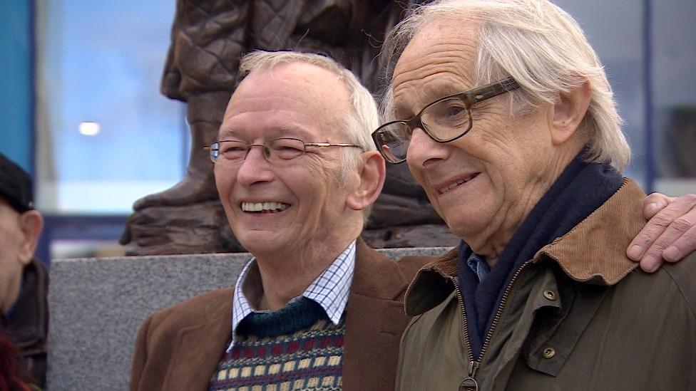 Dai Bradley and Ken Loach with statue in Barnsley