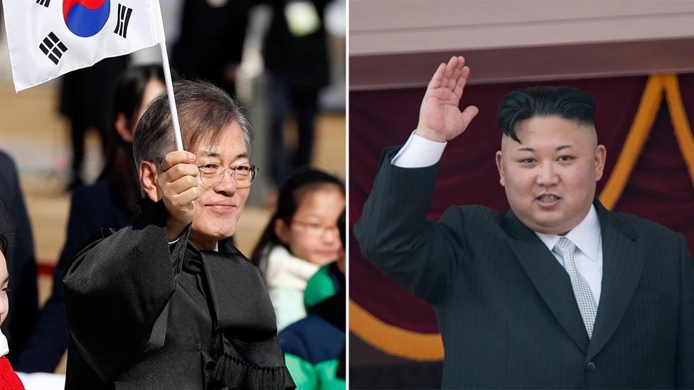 A composite image showing South Korean President Moon, left, holding a South Korean flag aloft, and North Korean leader Kim Jong-un, right, one hand raised in a wave