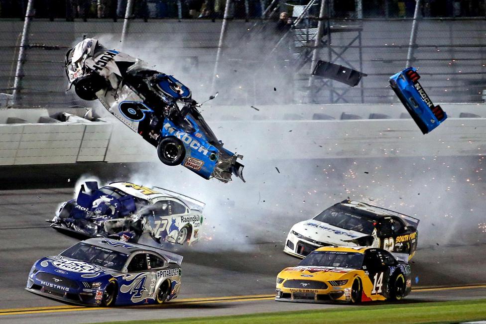 Nascar Cup Series driver Ryan Newman's car (6) crashes during the Daytona 500 at Daytona International Speedway. 17 February 2020