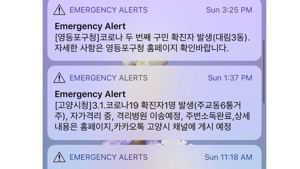 Examples of the messages Koreans get, alerting them to new cases