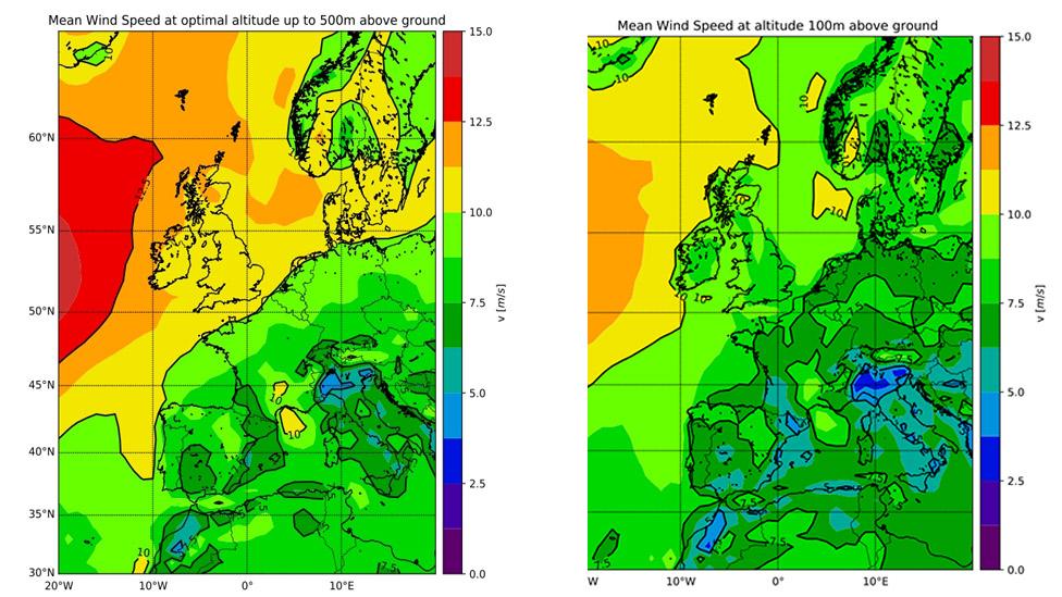 Map of Europe showing wind speeds at 100m and 500m