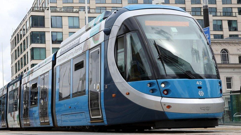 A West Midlands Metro tram in Birmingham