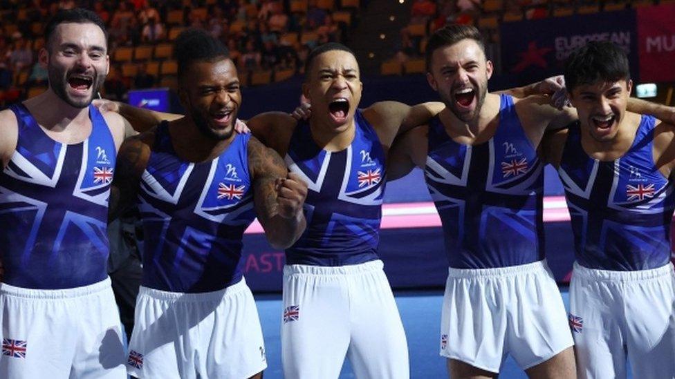 GB celebrate winning the gymnastics men's team final at the 2022 European Championships