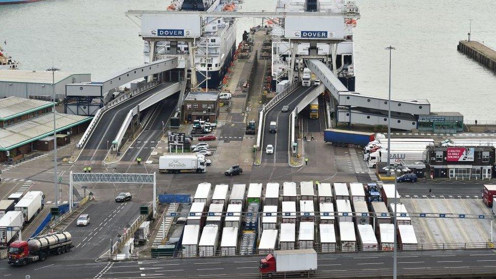 Lorries waiting to board a ferry at Dover