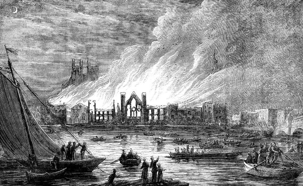 The Palace of Westminster pictured during the fire which largely destroyed it in October 1834