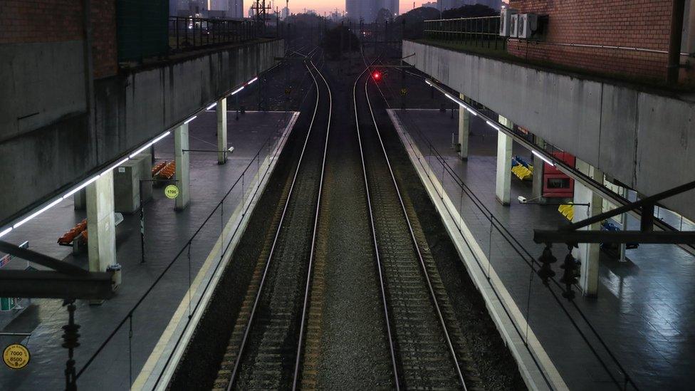 Empty platforms of a subway station are seen during a general strike against the government's pension plan in downtown of Sao Paulo