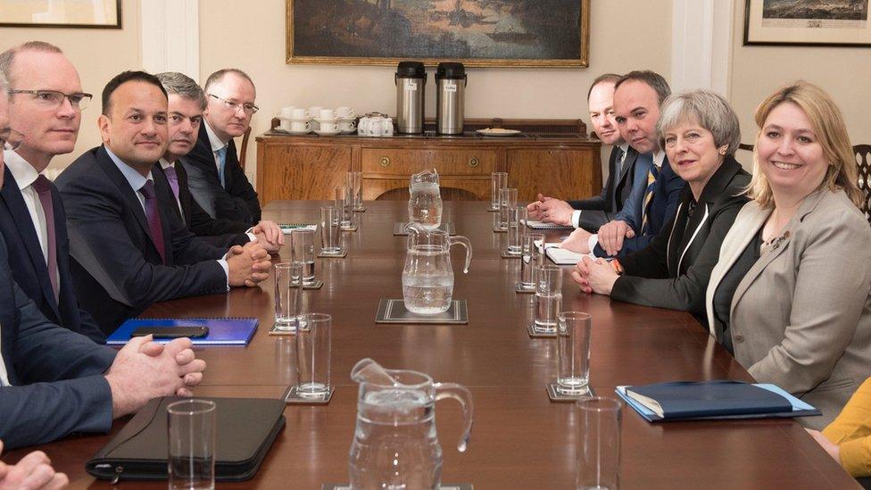 Karen Bradley, alongside Theresa May, meeting Leo Varadkar and Simon Coveney at Stormont House in February 2018