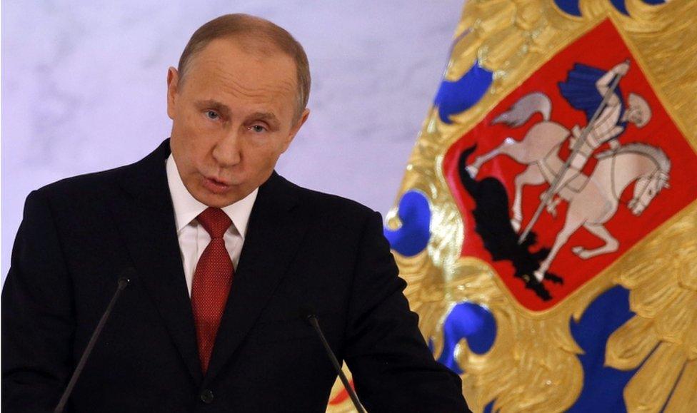 Russian President Vladimir Putin addresses the Federal Assembly in the Grand Kremlin Palace in Moscow, Russia, on 1 December 2016.