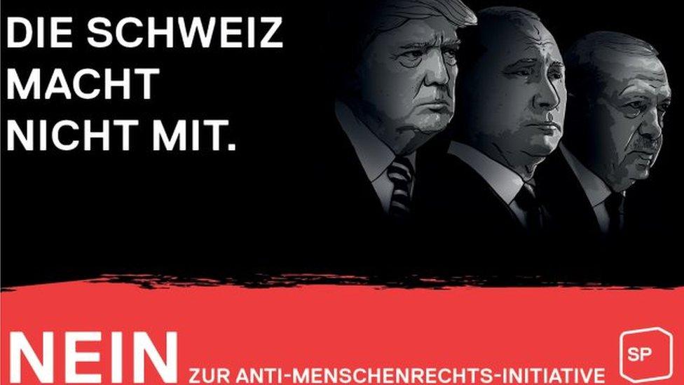 The No campaign's poster features three world leaders and says: "Switzerland won't join in"