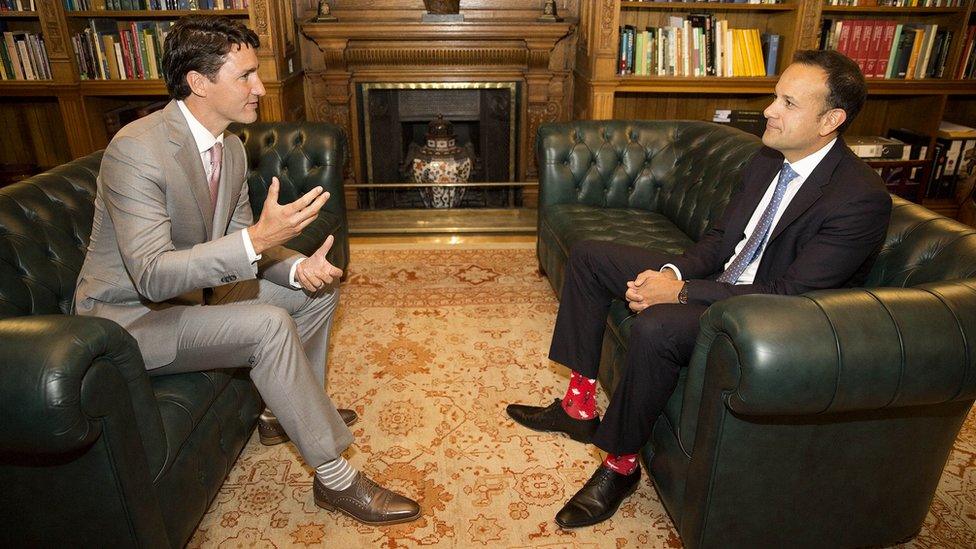 Canadian Prime Minister Justin Trudeau (left) talks with Irish Taoiseach Leo Varadkar during a visit to Farmleigh House in Dublin, 4 July 2017