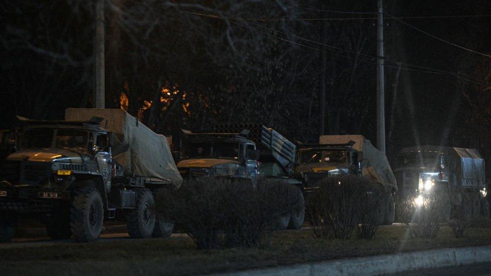 Russian military tanks and armored vehicles advance in Donetsk, Ukraine