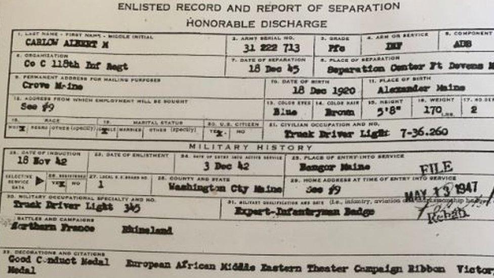 Albert Carlow's honourable discharge papers document his time in Northern France