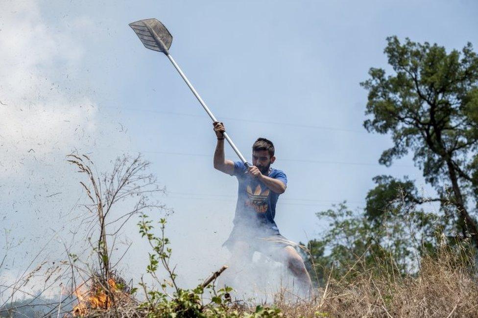 A man beats out a wildfire in Spain