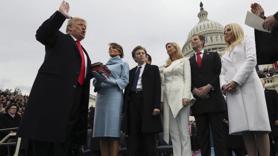 President Trump and his family at his inauguration ceremony at the Capitol building on 20 January 2017