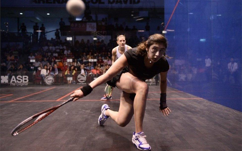 Nour El Sherbini of Egypt plays a forehand against Laura Massaro of England during their final match at the Women's World Squash Championship in Bukit Jalil, outside Kuala Lumpur, Malaysia - Saturday 30 April 2016