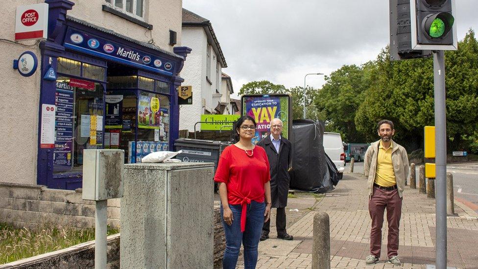 Cardiff councillors Robert Hopkins, Bablin Molik and Rodney Berman campaign for the post office to remain in Cyncoed