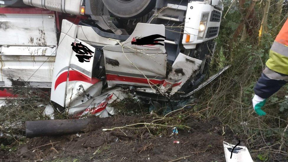 Upturned lorry