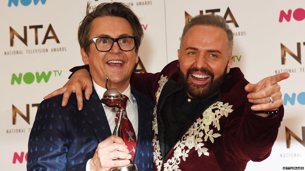 Chris Steed and Stephen Webb of Gogglebox pose in the winners room at the National Television Awards