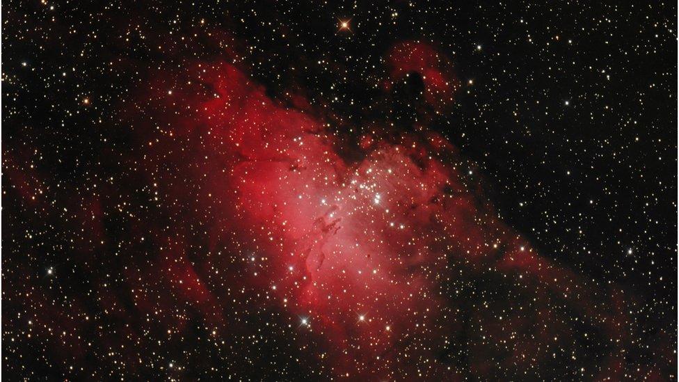 The Eagle Nebula in the constellation Serpens,a great cloud of interstellar gas. The image is taken in the in prime focus of professional mirror telescope (Newtonian) the Exposure time is 90 minutes.