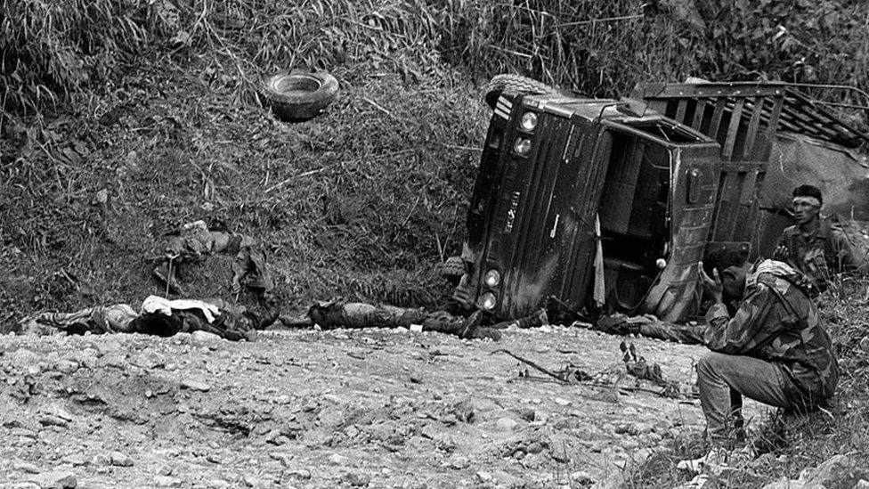 Soldier who survived a guerrilla ambush on his convoy in September 1993, while his comrades lie dead around him on the road