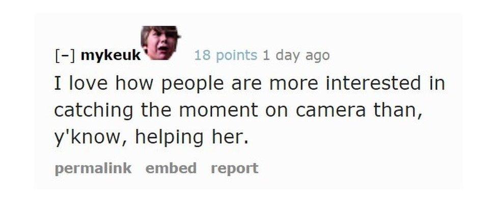 mykeuk on Reddit: I love how people are more interested in catching the moment on camera than, y'know, helping her.