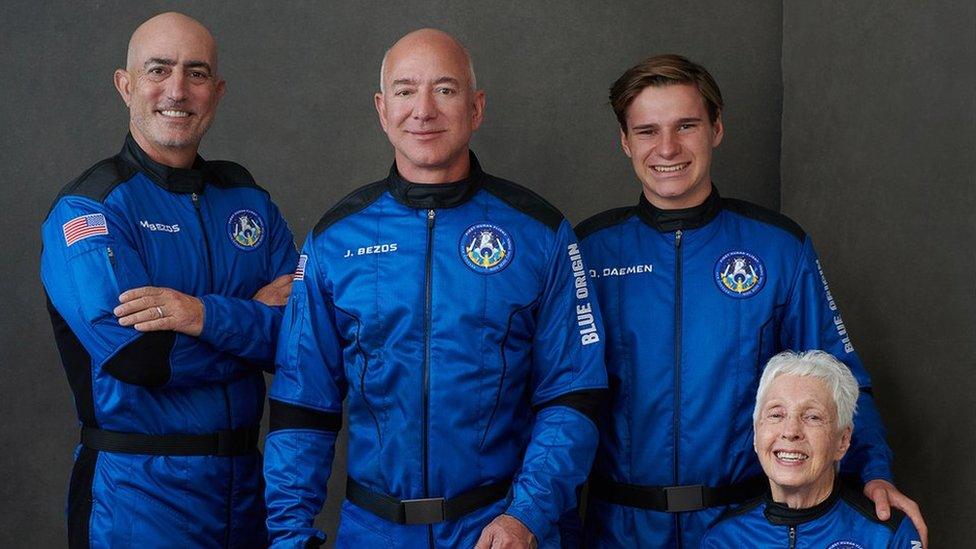 From left: Mark Bezos, Jeff Bezos, Oliver Daemen, Wally Funk