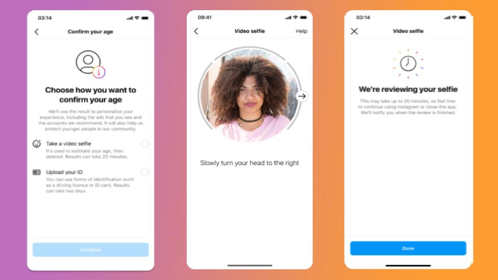 Three screenshots show how different stages of the video selfie age-estimation process will appear for iPhone users