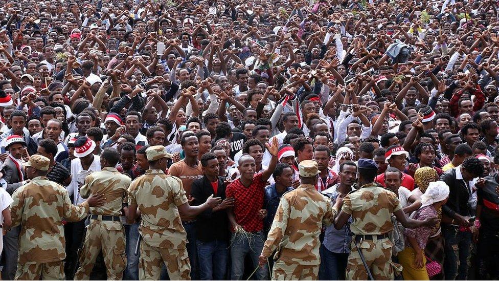 Security measures are taken as the Oromo people stage a protest against government during the Oromo new year holiday Irreechaa' near the Hora Lake at Dberzit town in Addis Ababa, Ethiophia on October 02, 2016.