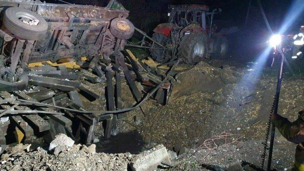 A view shows damages after an explosion in Przewodow, a village in eastern Poland near the border with Ukraine, in this image obtained from social media by Reuters released on November 15, 2022. /via REUTERS THIS IMAGE HAS BEEN SUPPLIED BY A THIRD PARTY. MANDATORY CREDIT. NO RESALES. NO ARCHIVES.