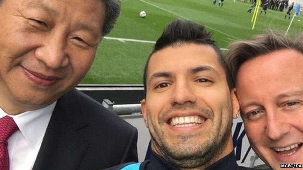 Selfie photograph of President Xi Jinping, Sergio Aguero and David Cameron