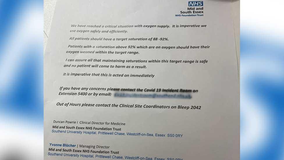 Mid and South Essex NHS Foundation Trust letter about oxygen levels in blood