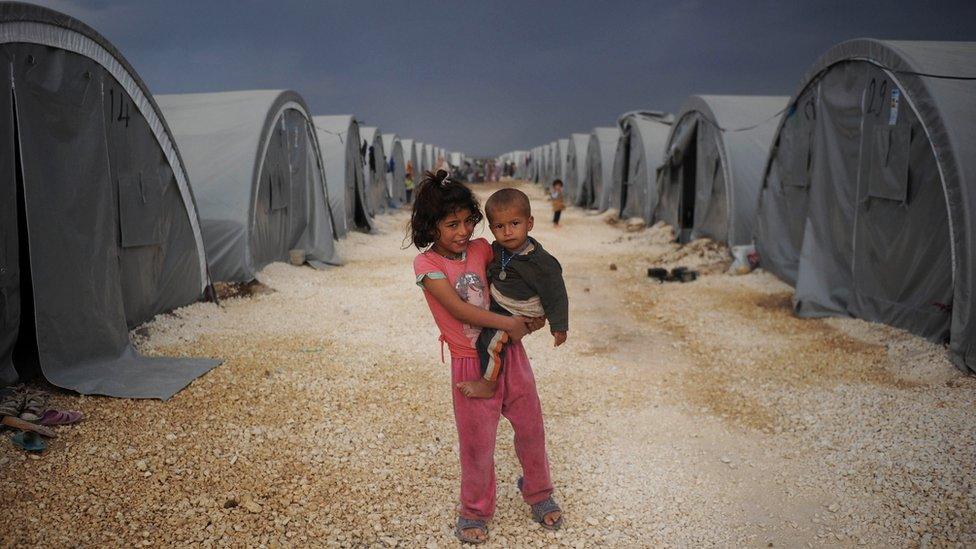 Kurdish refugee children standing among tents in refugee camp in Turkey