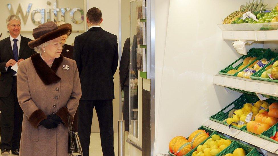 Queen Elizabeth II walks around a Waitrose supermarket during a tour of the redeveloped King Edward Court Shopping Centre on February 29, 2008 in Windsor