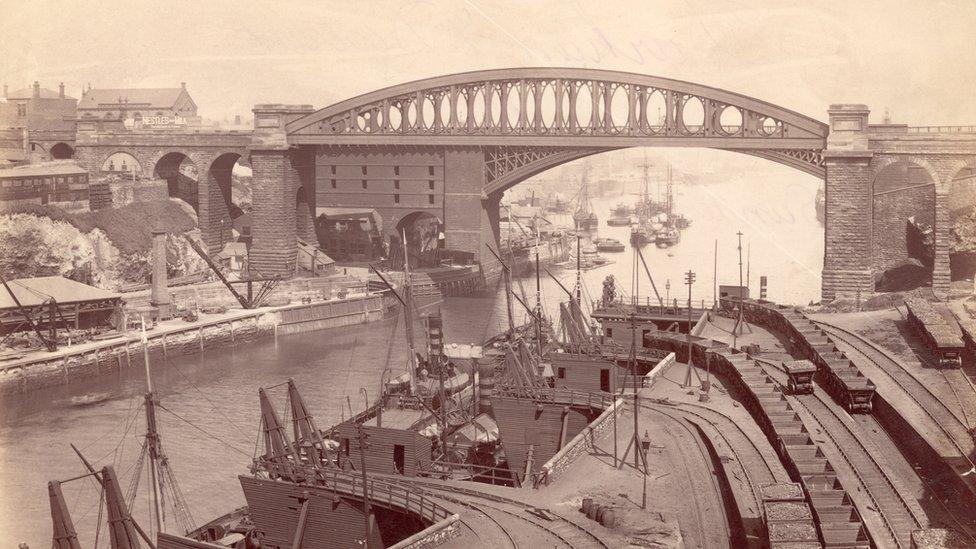 Sunderland Bridge and Lambton coal drops on the River Wear, circa 1880.