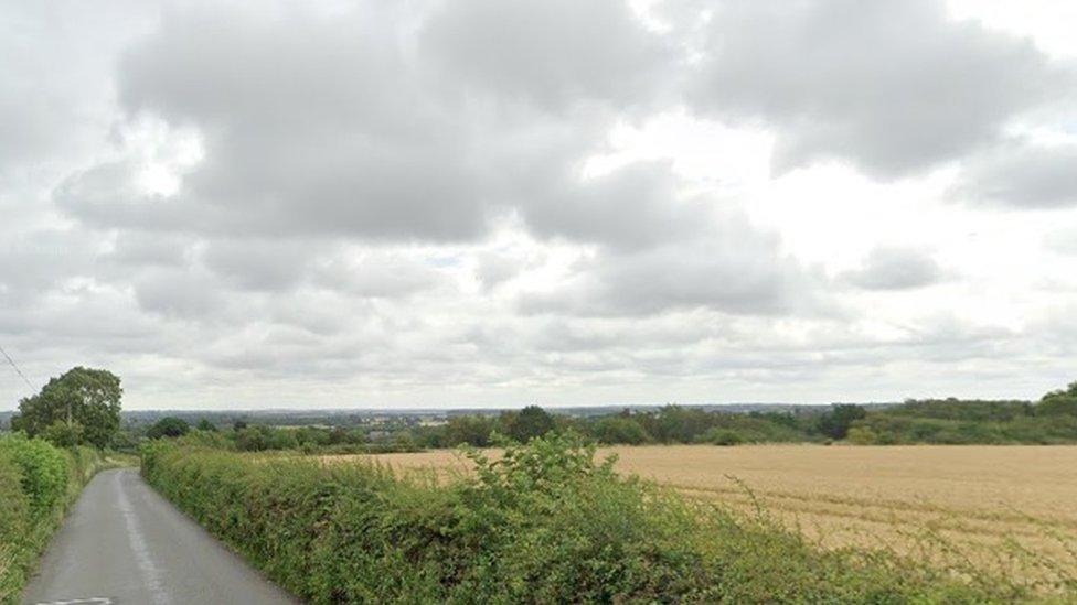 Rural road passing a field lined by hedges