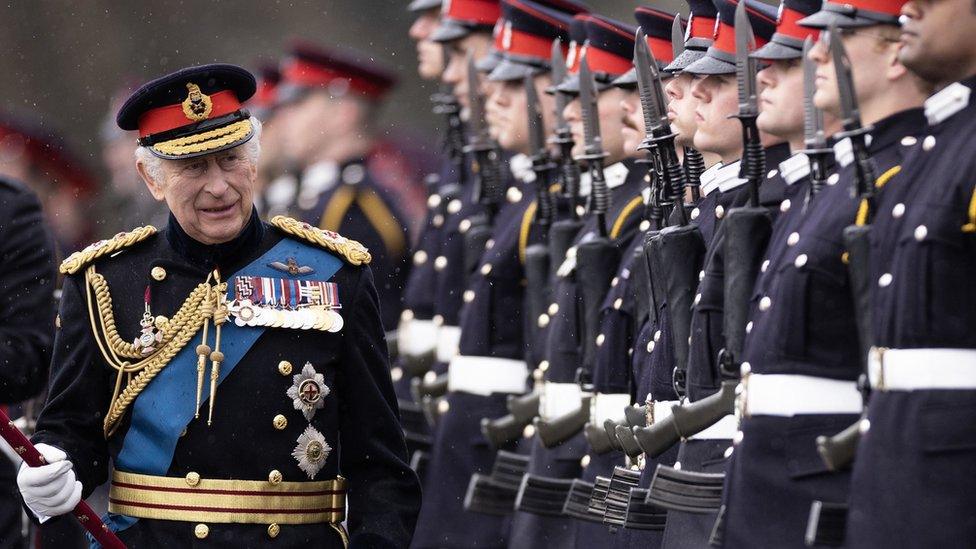 King Charles III inspects Officer Cadets on parade during the 200th Sovereign's Parade at the Royal Military Academy Sandhurst