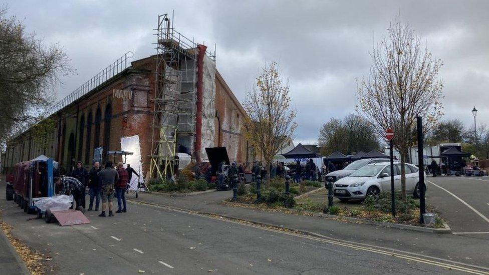 Film crews on the site of the former Aida Bliss factory in Derby